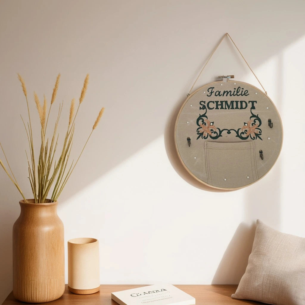 Personalisierter Stickrahmen – Schlüsselhaken, Notizhalter und spezielles Design aus Baumwollstoff