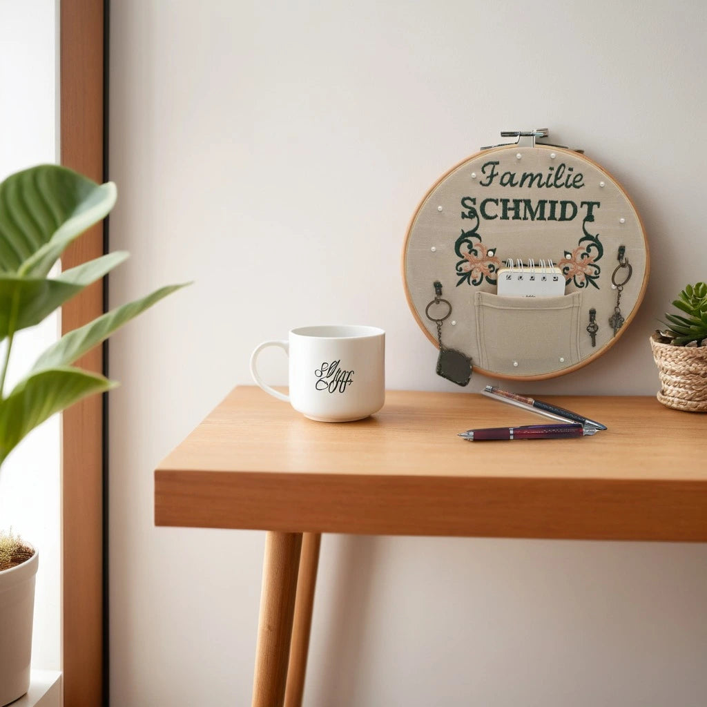 Personalisierter Stickrahmen – Schlüsselhaken, Notizhalter und spezielles Design aus Baumwollstoff