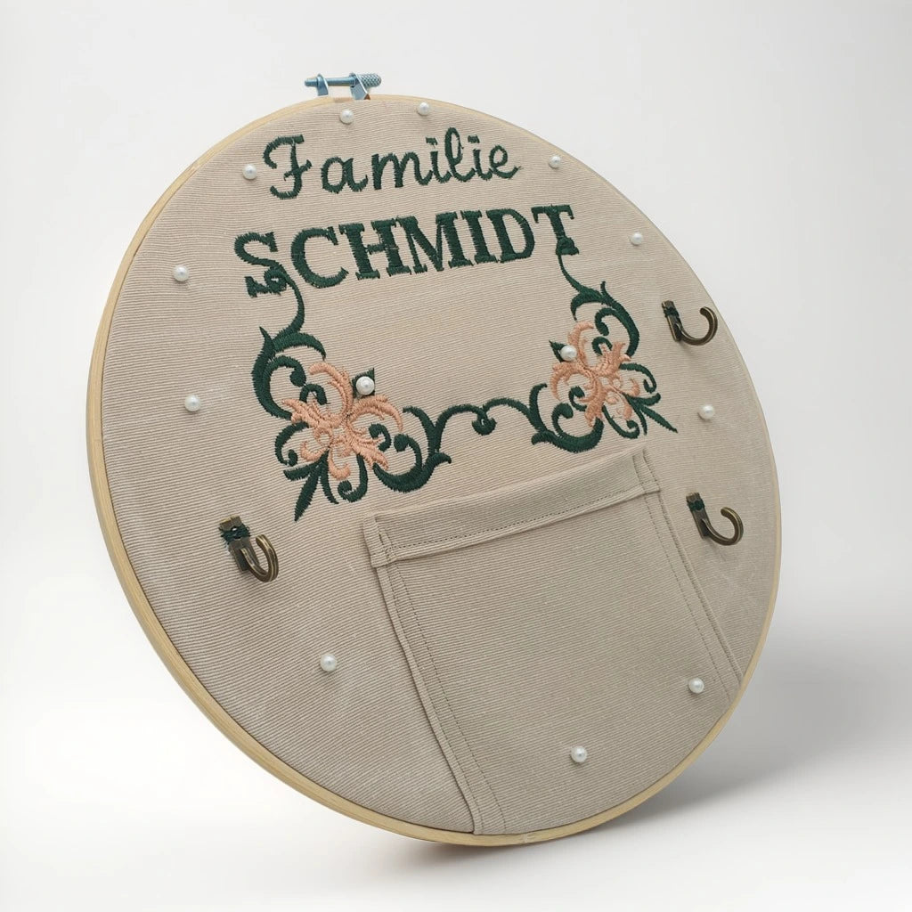 Personalisierter Stickrahmen – Schlüsselhaken, Notizhalter und spezielles Design aus Baumwollstoff
